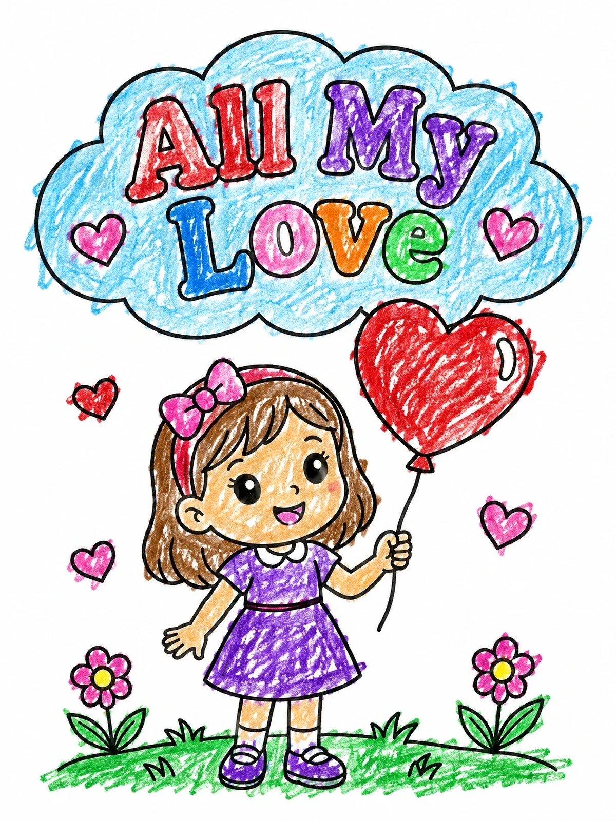 Colored example of the Cute Girl With Heart Balloon coloring page