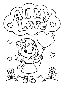 Free printable Cute Girl With Heart Balloon coloring page