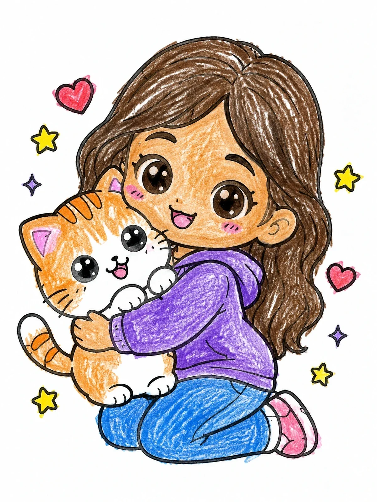 Colored example of the Cute Girl Hugging Kitten coloring page