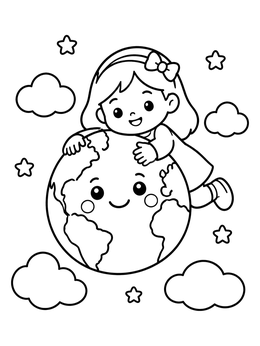 Free printable Cute Girl Hugging Planet Earth coloring page