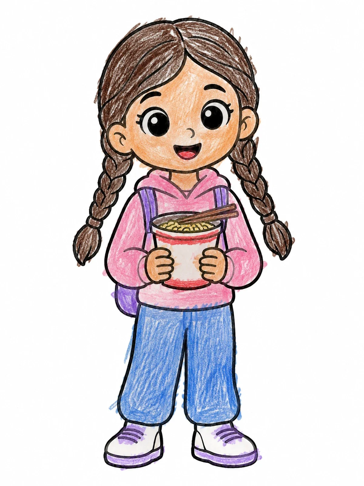 Colored example of the Cute Girl Holding Instant Ramen Cup coloring page