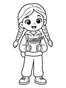 A cheerful cartoon girl holding a cup of noodles in this ramen coloring page.