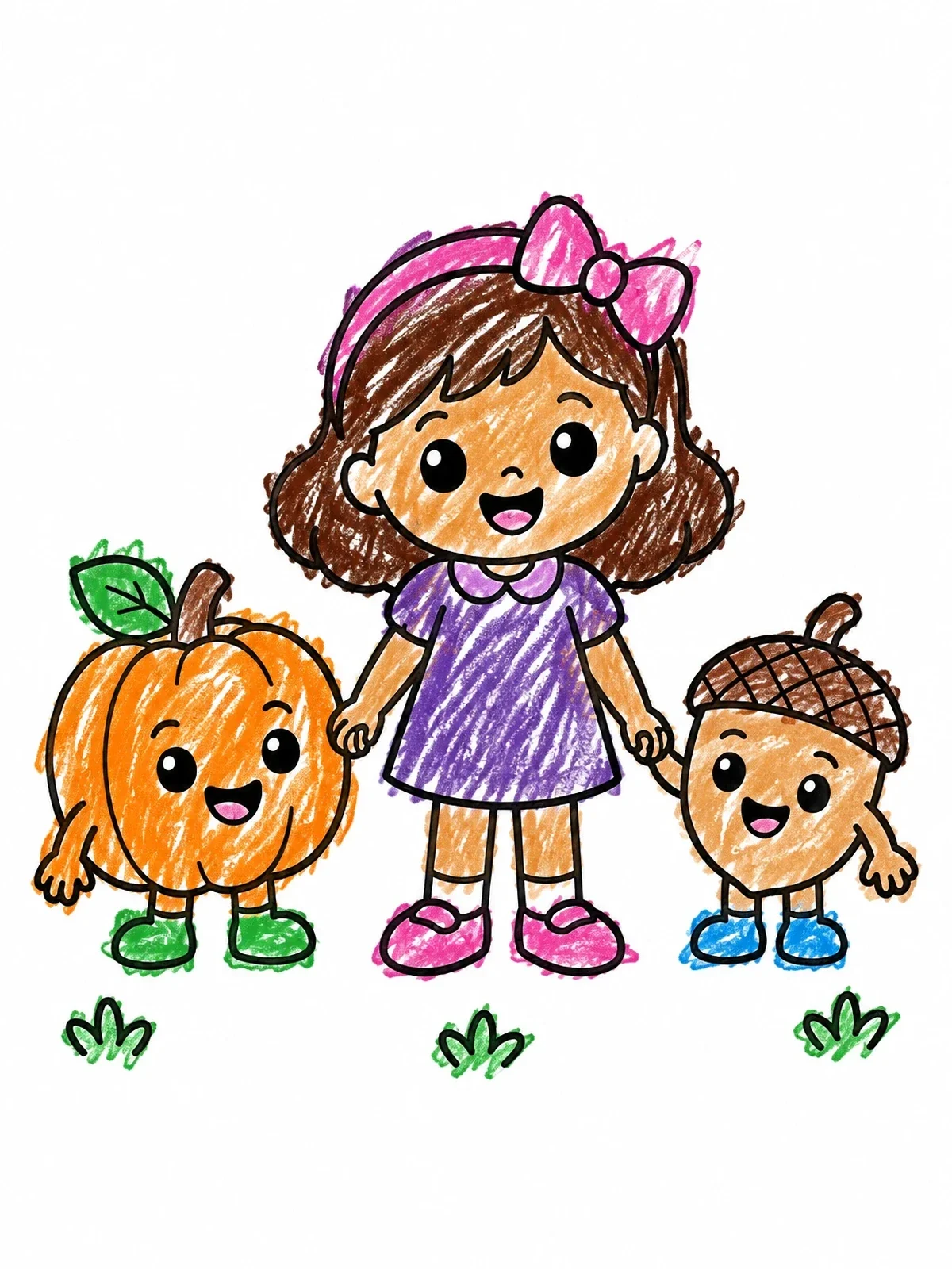 Colored example of the Cute Girl With Pumpkin And Acorn Friends coloring page