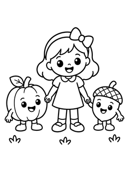 Free printable Cute Girl With Pumpkin And Acorn Friends coloring page