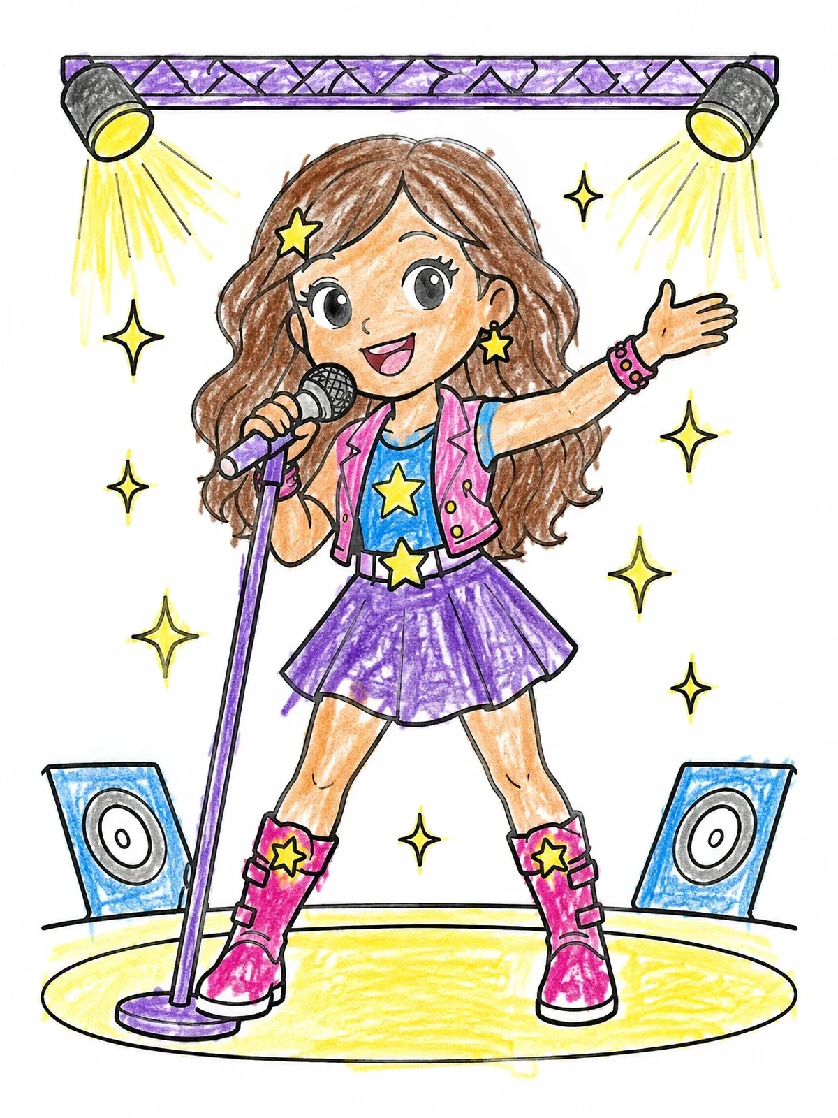Colored example of the Cute Girl Rock Star Singing coloring page