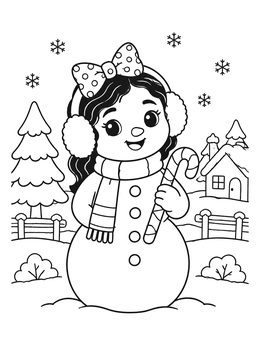 A sweet girl snowman coloring page holding a candy cane in a winter village.