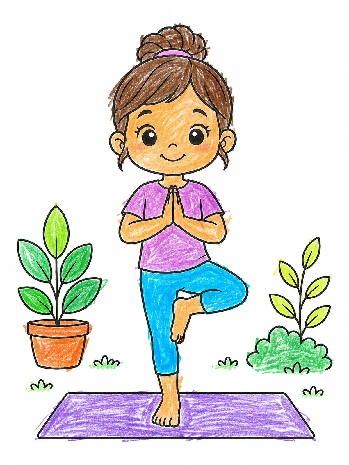 Colored example of the Cute Girl In Tree Yoga Pose coloring page