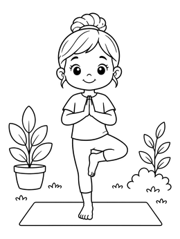 Free printable Cute Girl In Tree Yoga Pose coloring page