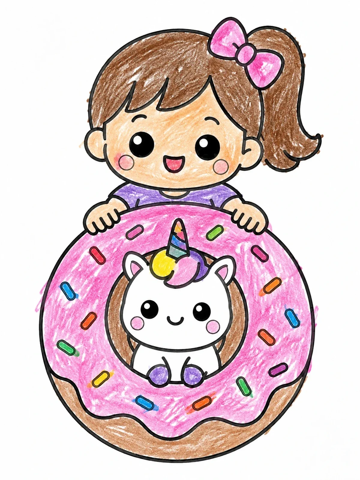 Colored example of the Cute Girl And Baby Unicorn Donut coloring page