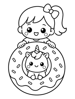 Free printable Cute Girl And Baby Unicorn Donut coloring page
