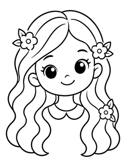 Free printable Cute Girl With Wavy Hair And Flowers coloring page