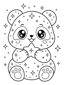 A sweet little panda holding a star on this glitter coloring page surrounded by sparkling sparkles.