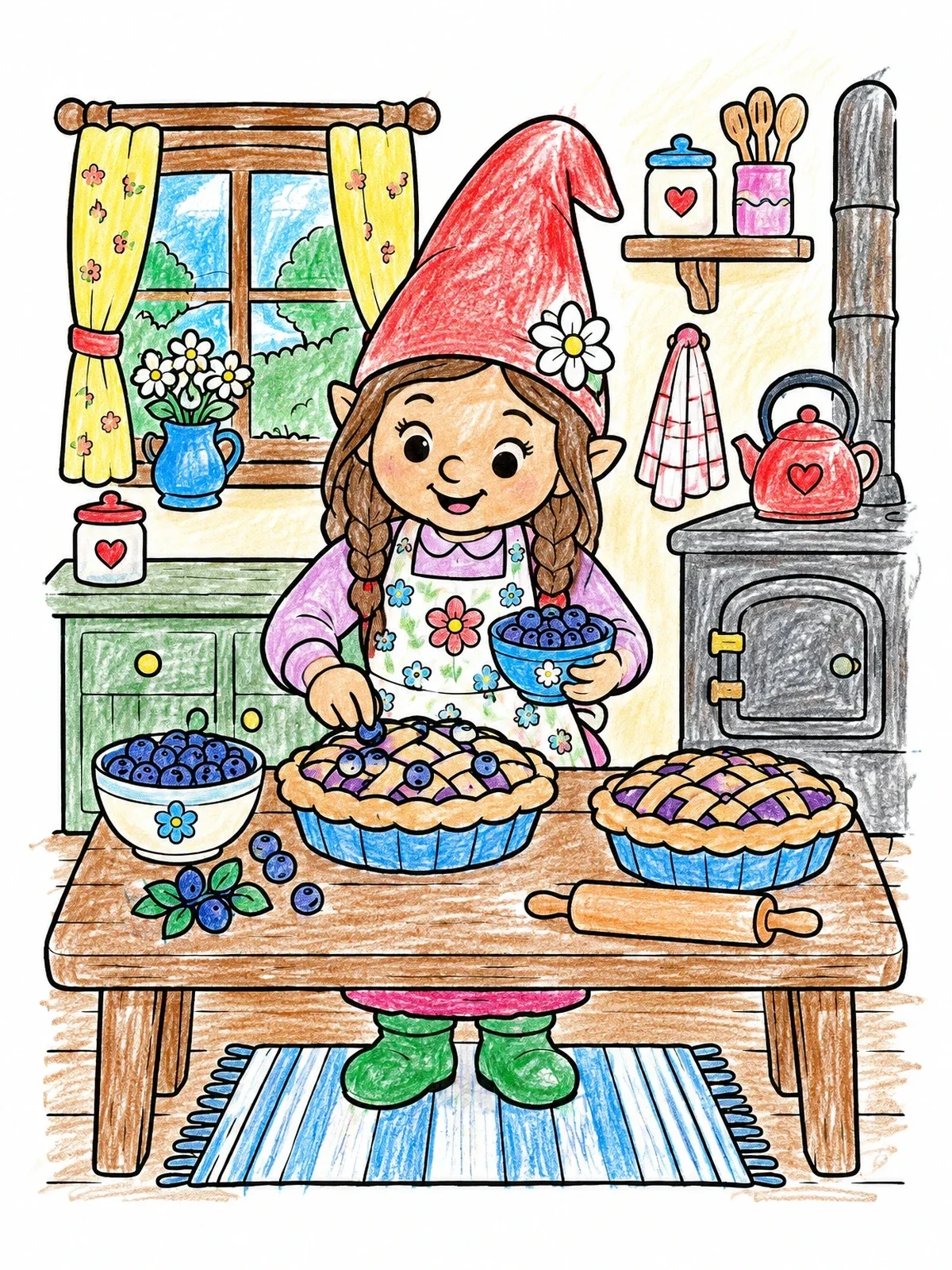 Colored example of the Cute Gnome Girl Baking Pies coloring page