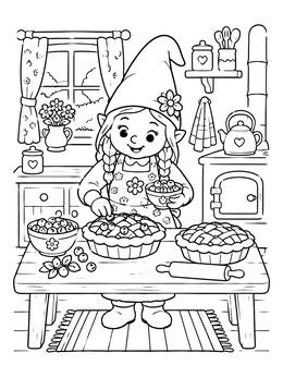 A cheerful girl in a gnome coloring page baking berry pies in a cozy kitchen.