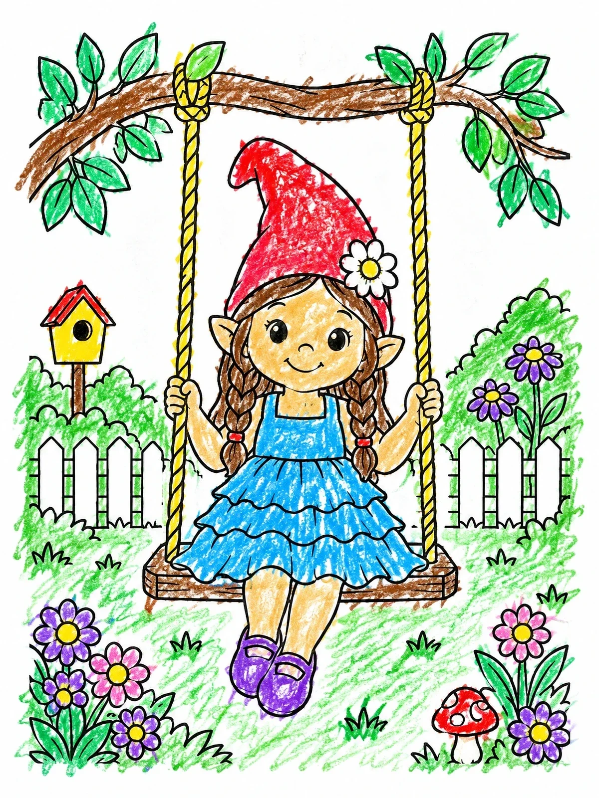Colored example of the Cute Gnome Girl On A Garden Swing coloring page