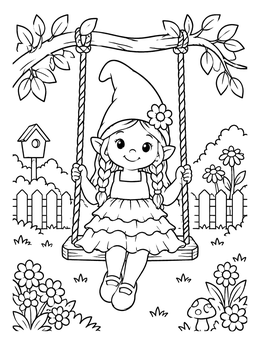 A sweet gnome coloring page featuring a girl in a ruffled dress swinging outdoors.