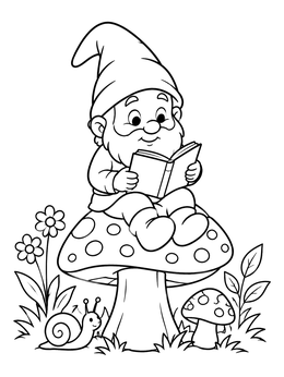 Free printable Cute Gnome Reading On A Mushroom coloring page