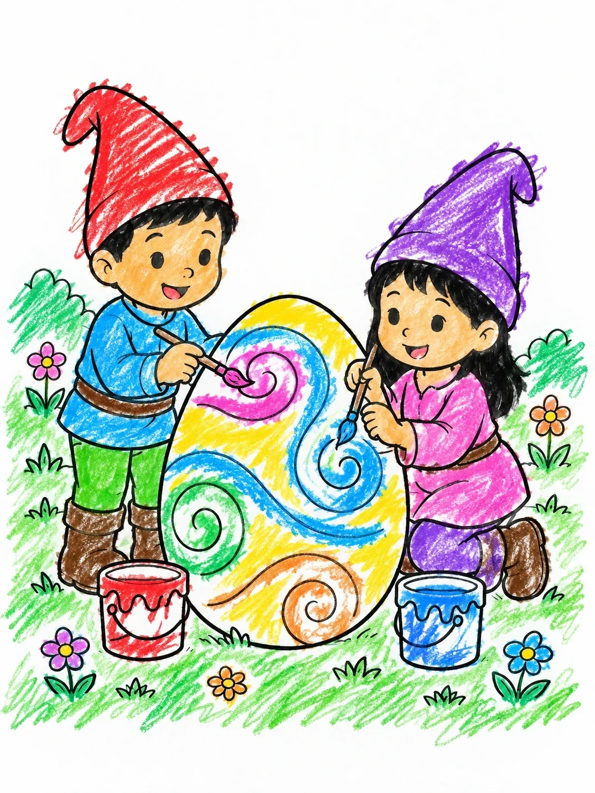 Colored example of the Cute Gnomes Painting Easter Egg coloring page