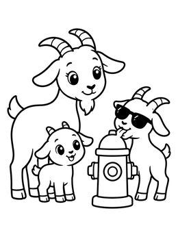 A playful goat coloring page featuring a mother goat, baby, and cool kid licking a hydrant.