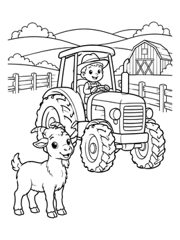 A happy goat standing near a farm coloring page with a tractor.