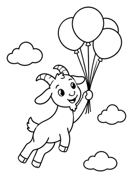 A happy cartoon goat coloring page flying through the sky holding balloons.