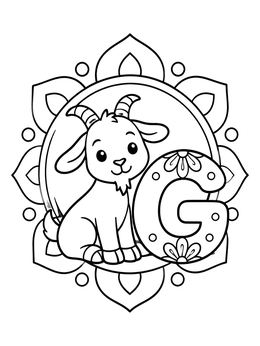 A cute cartoon goat coloring page sitting next to an ornamental letter G.