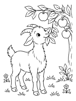 Free printable Cute Goat Nibbling Apple Leaves coloring page