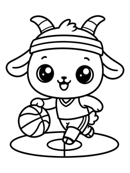 A cheerful cartoon goat coloring page showing a baby goat dribbling a basketball on a court.