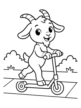 A cheerful goat coloring page showing a baby goat riding a scooter along the sidewalk.