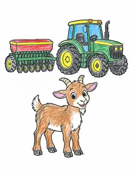 Cute Goat With Farm Tractor Coloring Page