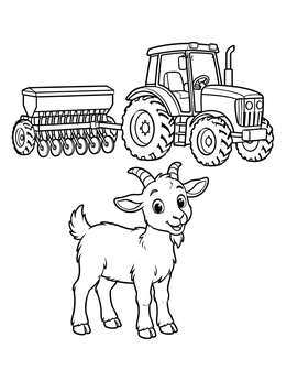 A cheerful baby goat standing in front of a tractor in this farm coloring page.