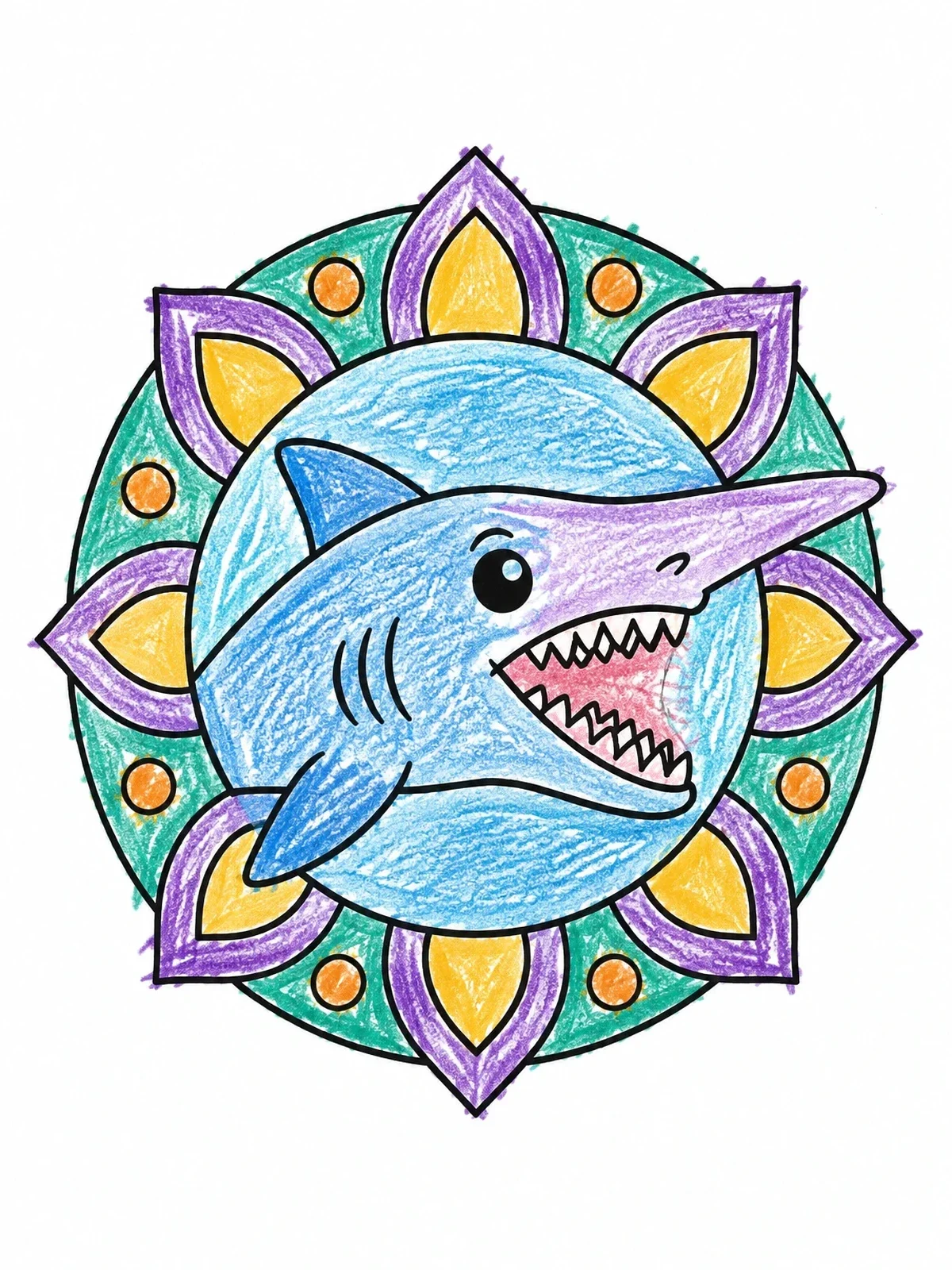 Colored example of the Cute Goblin Shark In Floral Frame coloring page