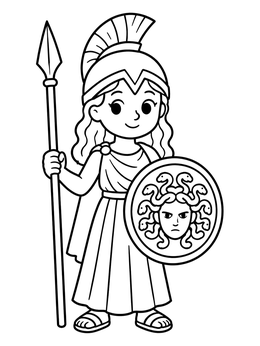 Free printable Cute Goddess Athena With Shield And Spear coloring page