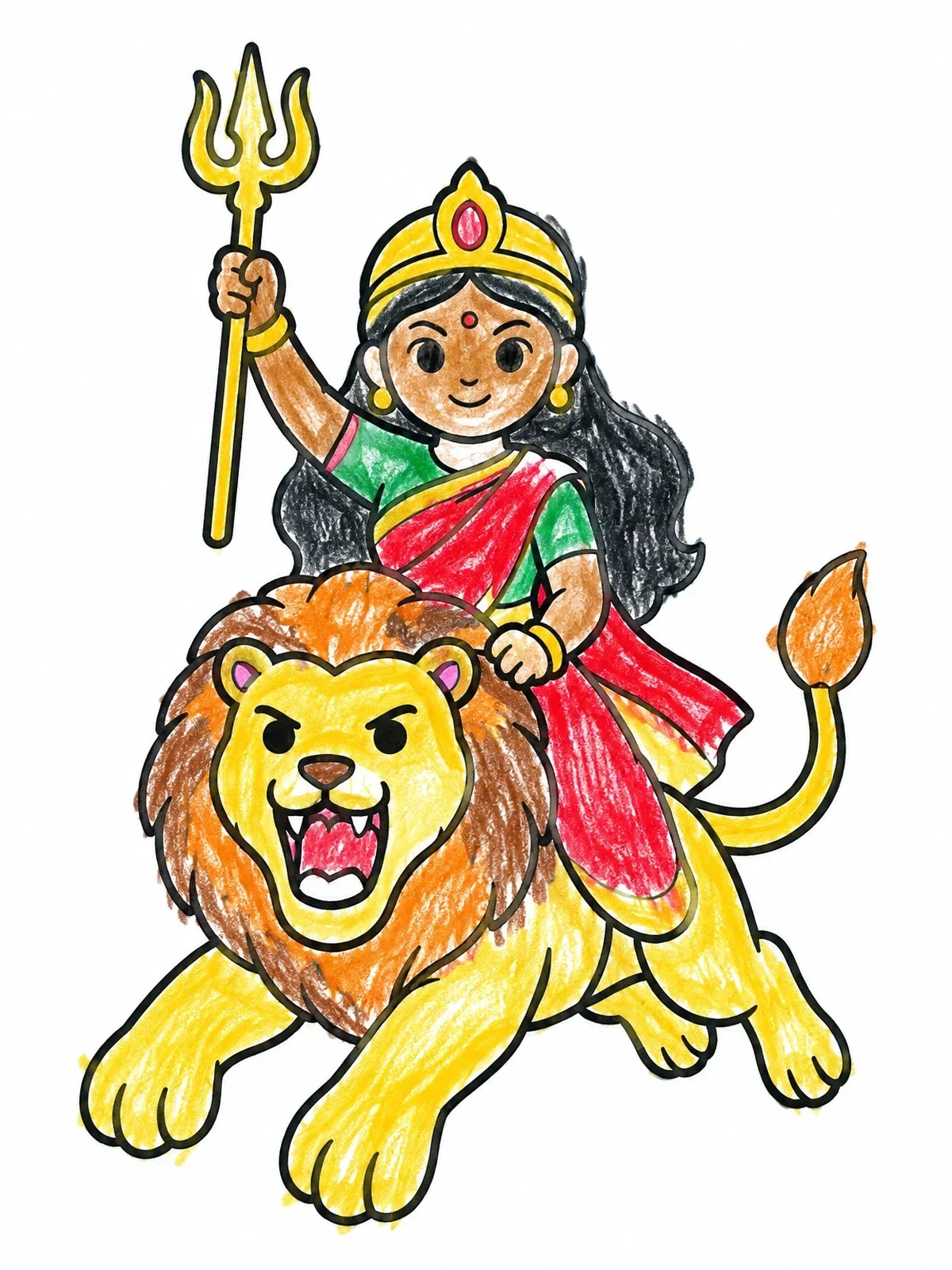 Colored example of the Cute Goddess Durga On Lion coloring page