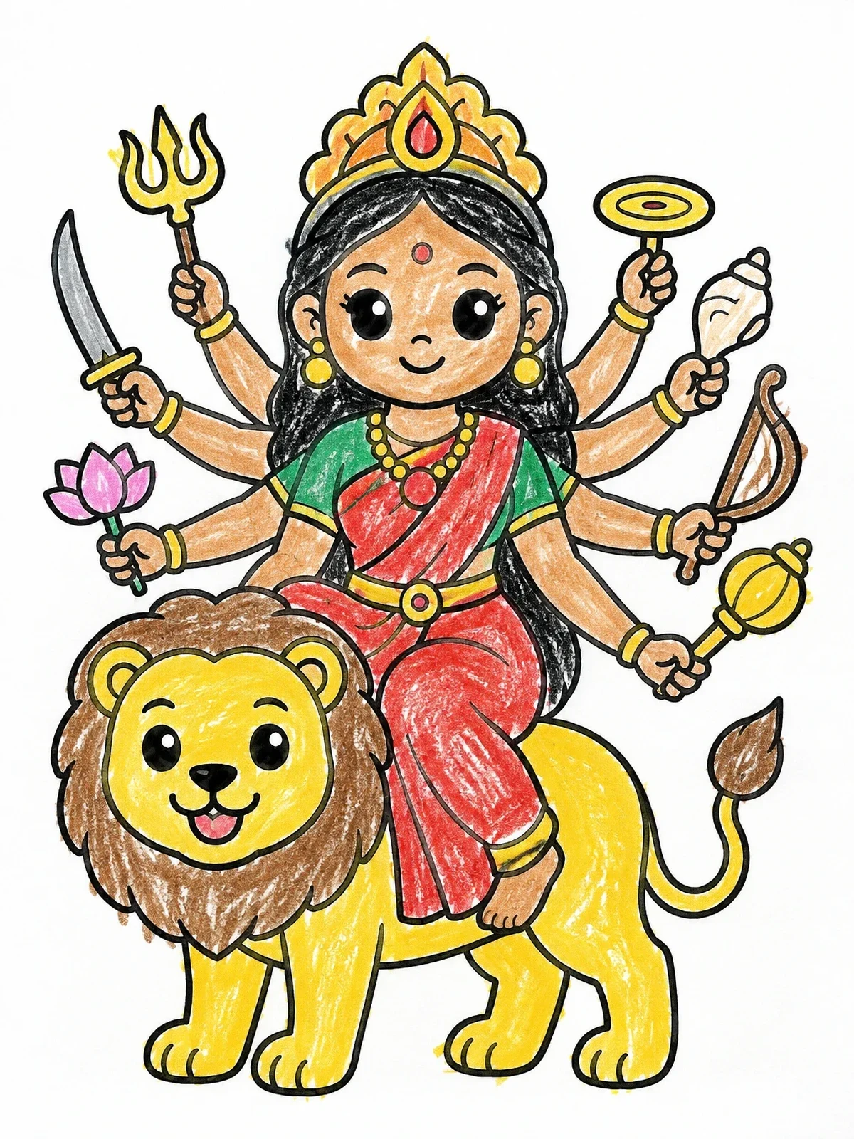 Colored example of the Cute Goddess Durga On Lion coloring page