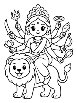 Free printable Cute Goddess Durga On Lion coloring page