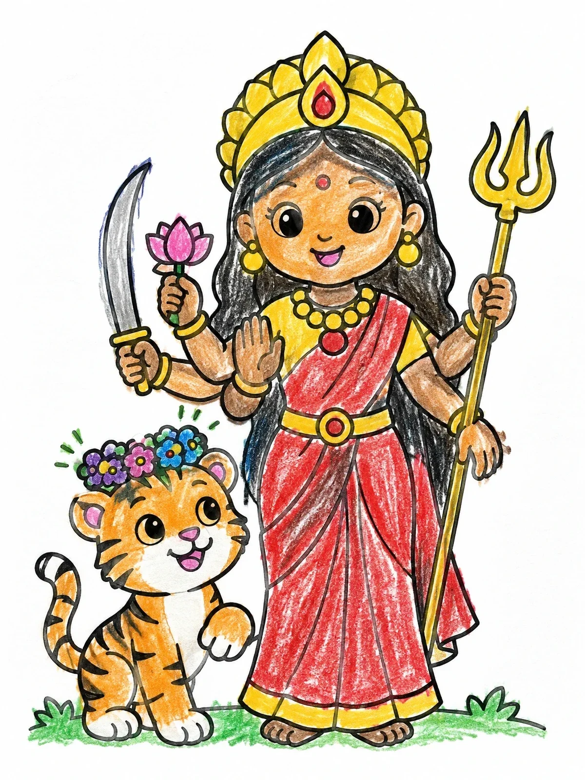 Colored example of the Cute Goddess Durga With Playful Tiger coloring page