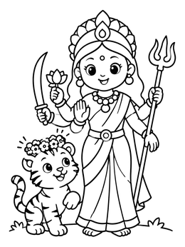 Free printable Cute Goddess Durga With Playful Tiger coloring page