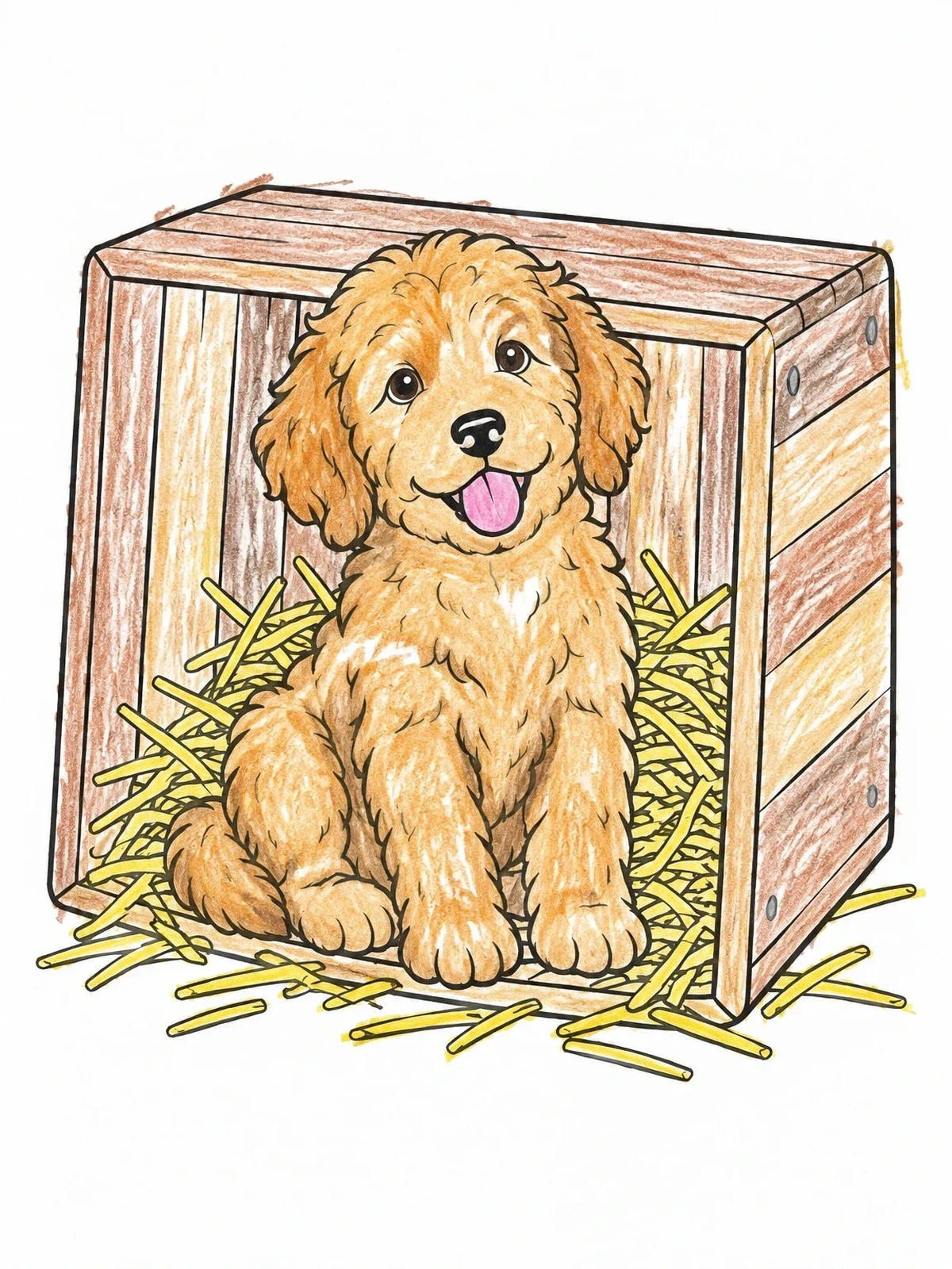 Colored example of the Cute Goldendoodle Puppy In A Wooden Crate coloring page