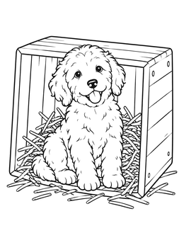 Free printable Cute Goldendoodle Puppy In A Wooden Crate coloring page