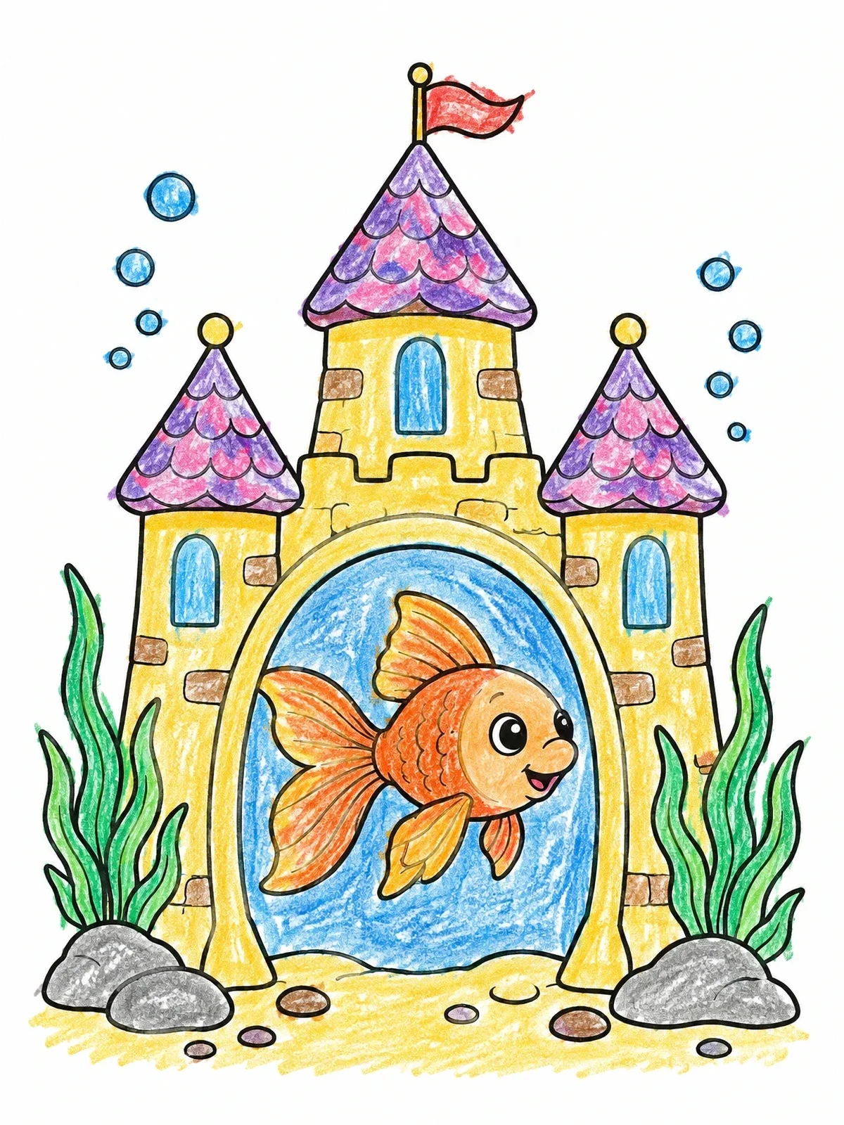 Colored example of the Cute Goldfish At Aquarium Castle coloring page