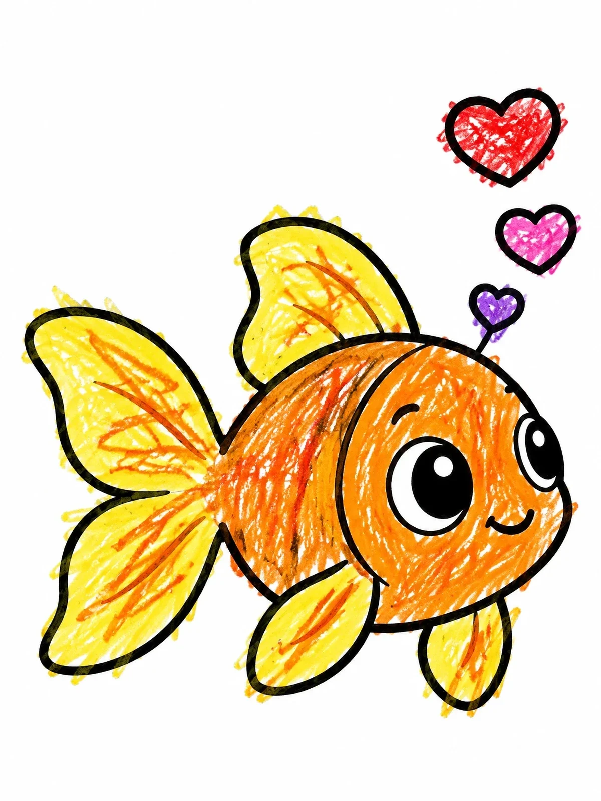 Colored example of the Cute Goldfish With Heart Bubbles coloring page