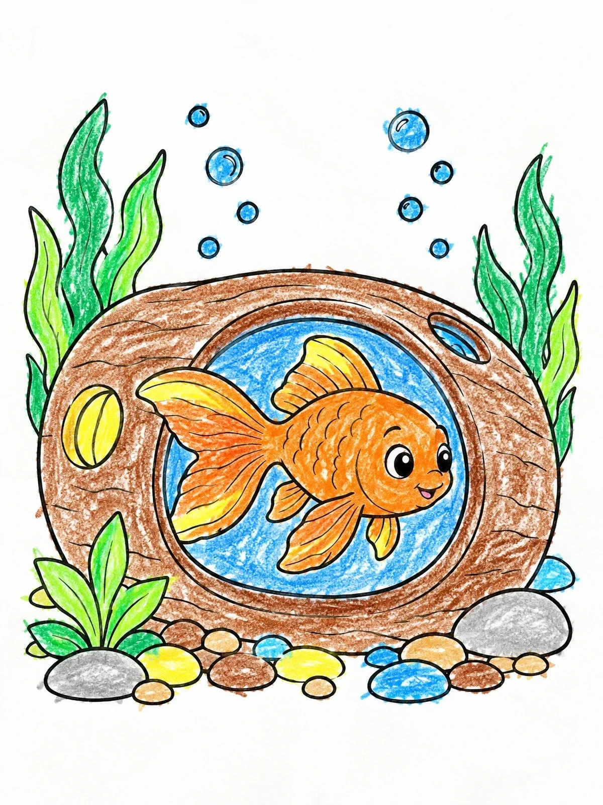 Colored example of the Cute Goldfish In Ceramic Log coloring page