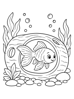 A goldfish coloring page showing a friendly fish swimming inside a ceramic log ornament.