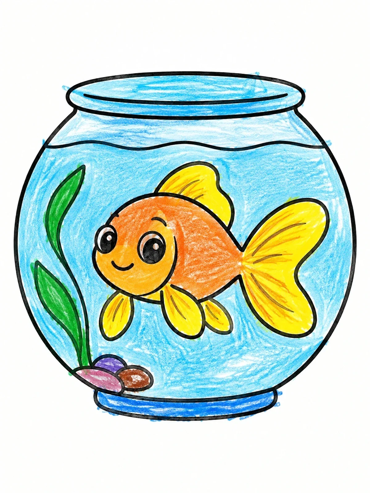 Colored example of the Cute Goldfish In A Fishbowl coloring page