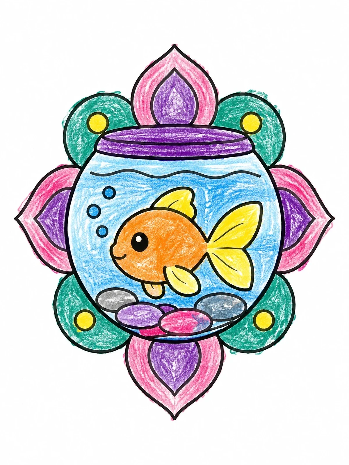 Colored example of the Cute Goldfish In A Bowl coloring page