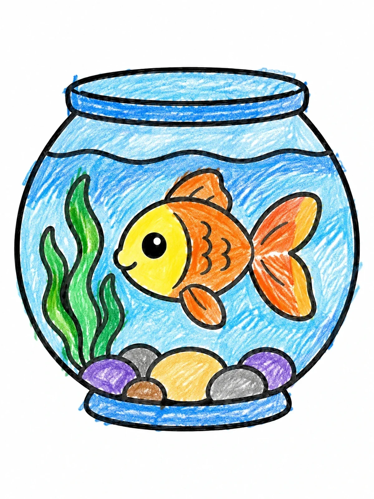 Colored example of the Cute Goldfish In A Fishbowl coloring page