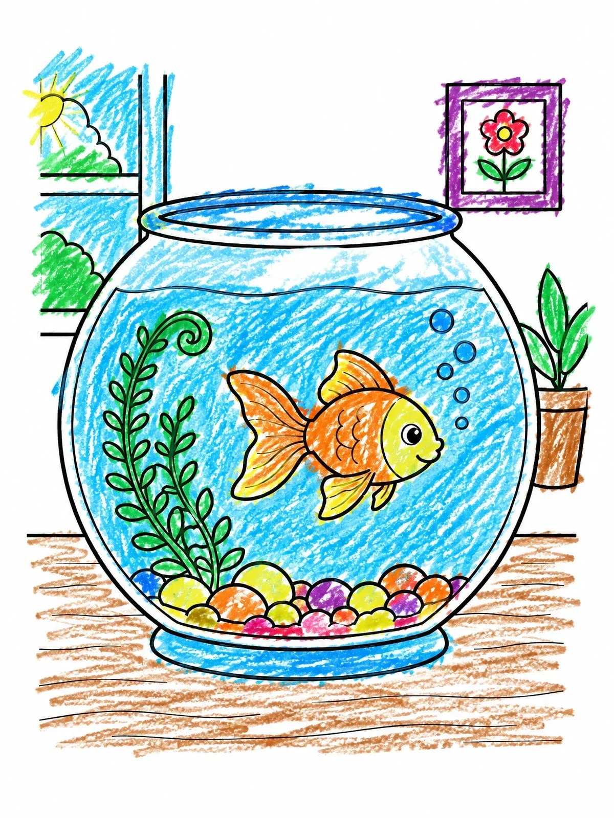 Colored example of the Cute Goldfish In Round Bowl coloring page