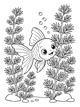 Free printable Cute Goldfish Swimming Through Plants coloring page