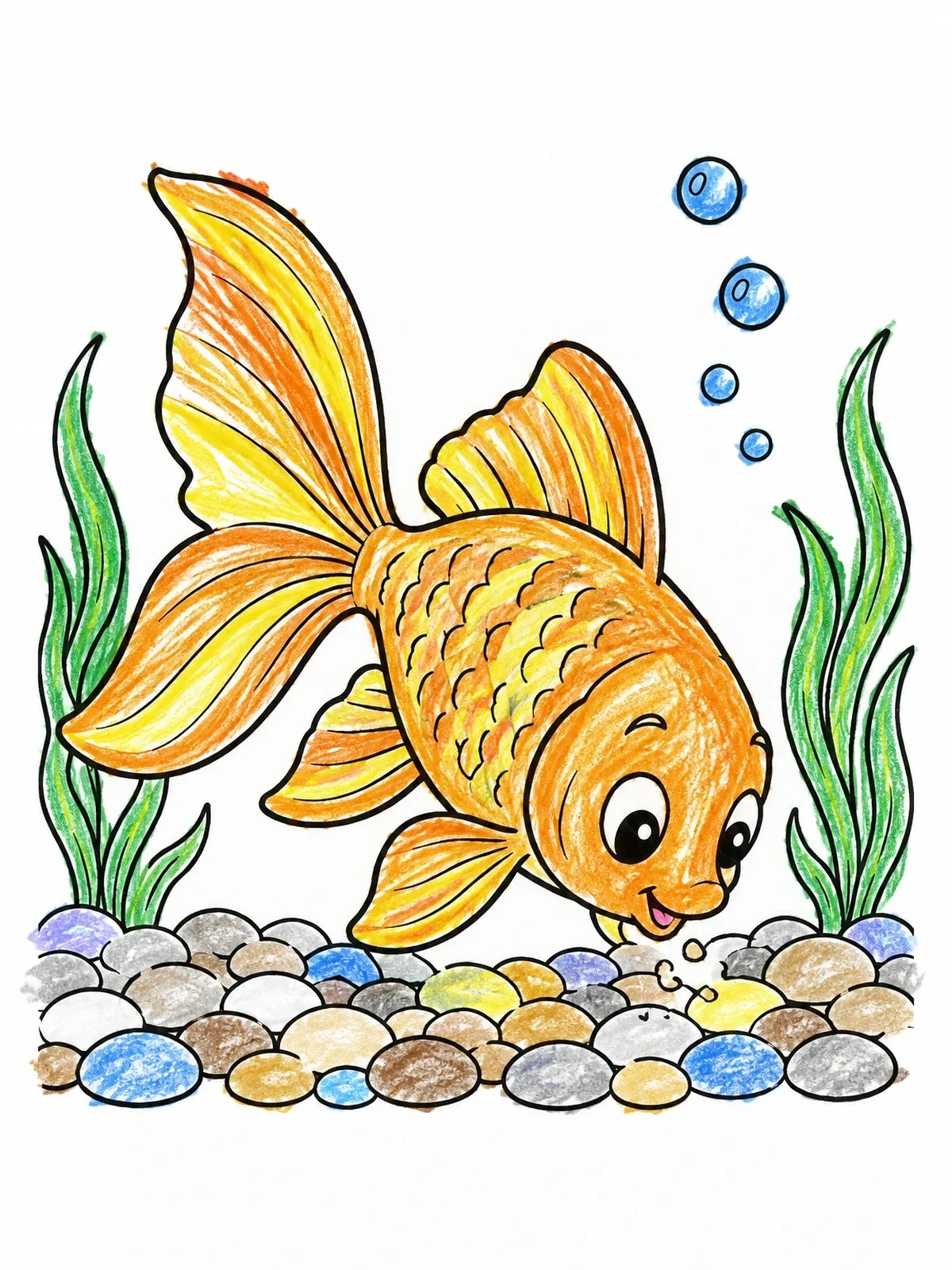 Colored example of the Cute Goldfish Swimming Near Pebbles coloring page